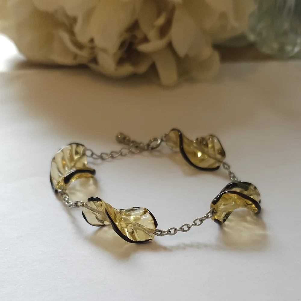 Yellow & Black Glass Spiral Leaf Beaded Bracelet Chain Bead Link Bracelet